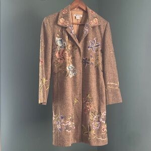 Elegant Floral Embroidered tweed Trench Coat